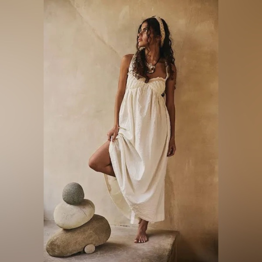 NWOT Free People Poppy Seersucker Cotton Midi Coconut Milk Dress Sz S